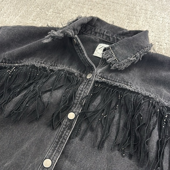 Zara Rhinestone Fringe Black Denim Jacket Jean Western Country Rodeo jeweled - Picture 5 of 8